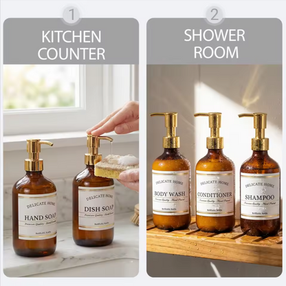 Amber Soap & Lotion Dispenser Set | Refillable Glass Bathroom Bottles