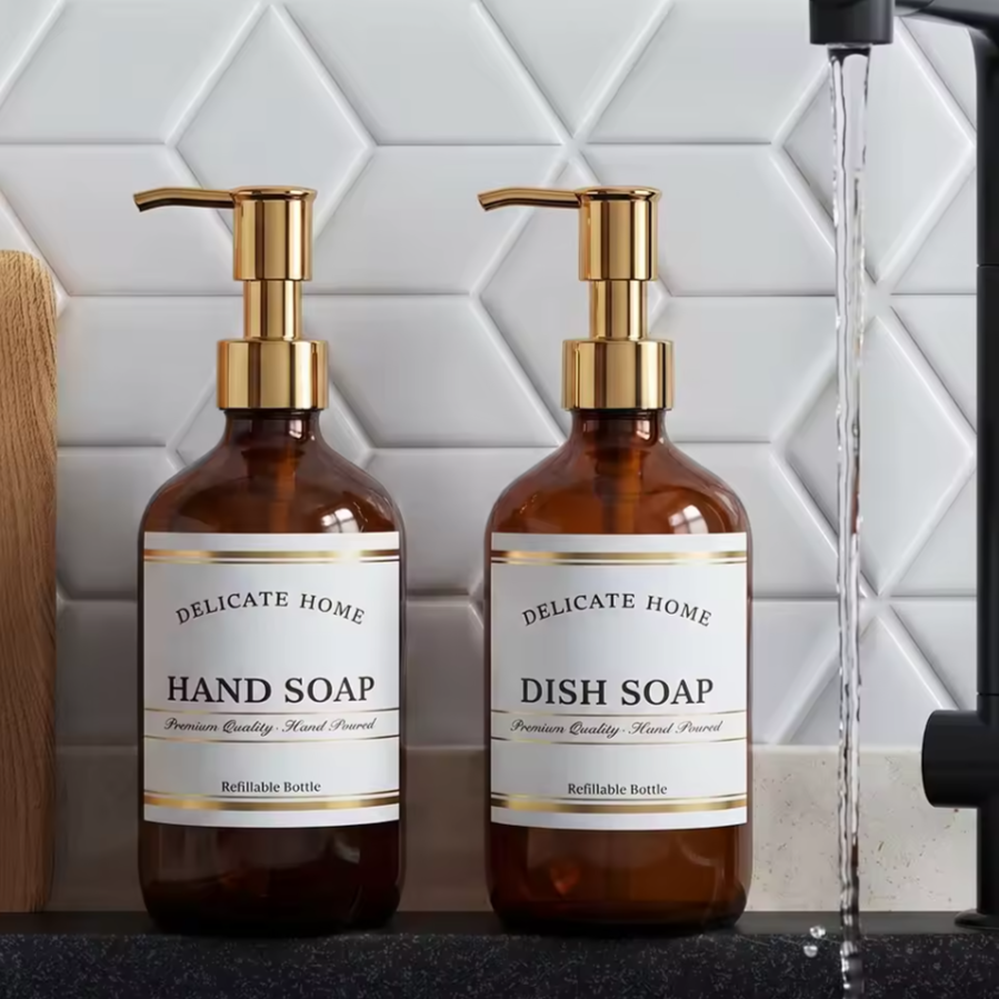 Amber Soap & Lotion Dispenser Set | Refillable Glass Bathroom Bottles