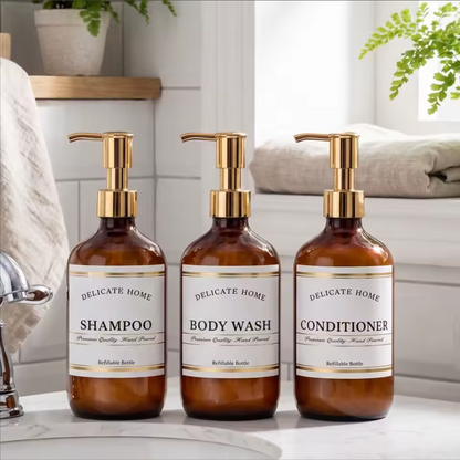Amber Soap & Lotion Dispenser Set | Refillable Glass Bathroom Bottles