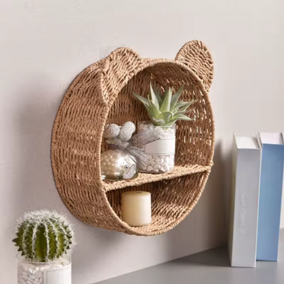 Bear Rattan Wall Shelf | Woven 2-Tier Nursery Display Shelf