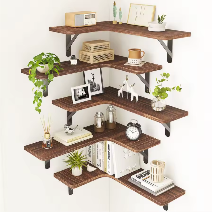 Corner Floating Shelf Set | 5-Tier Walnut Wall Display Shelves