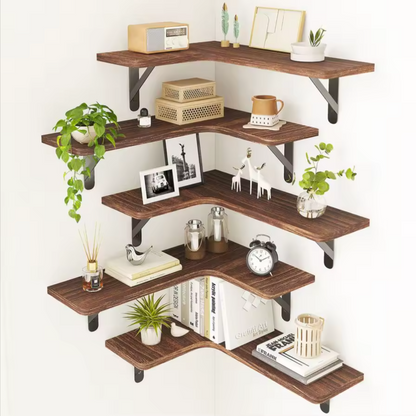 Corner Floating Shelf Set | 5-Tier Walnut Wall Display Shelves