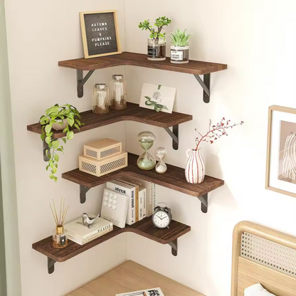 Corner Floating Shelf Set | 5-Tier Walnut Wall Display Shelves