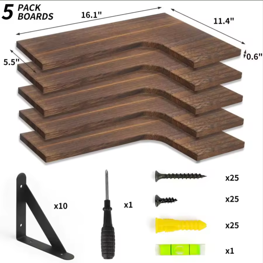 Corner Floating Shelf Set | 5-Tier Walnut Wall Display Shelves