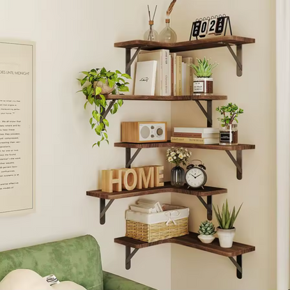Corner Floating Shelf Set | 5-Tier Walnut Wall Display Shelves
