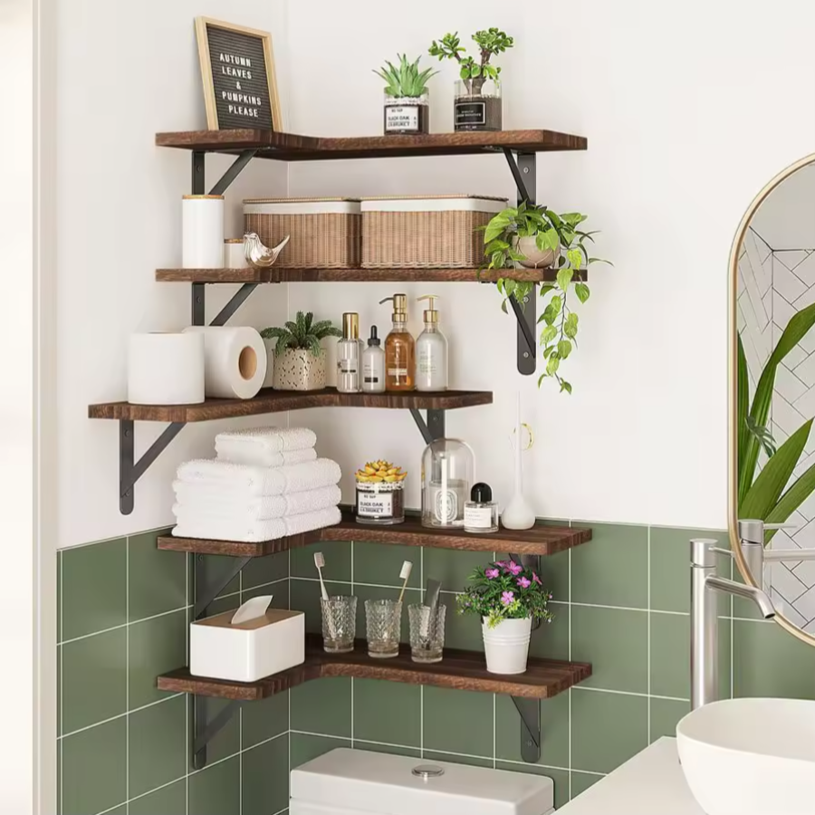 Corner Floating Shelf Set | 5-Tier Walnut Wall Display Shelves