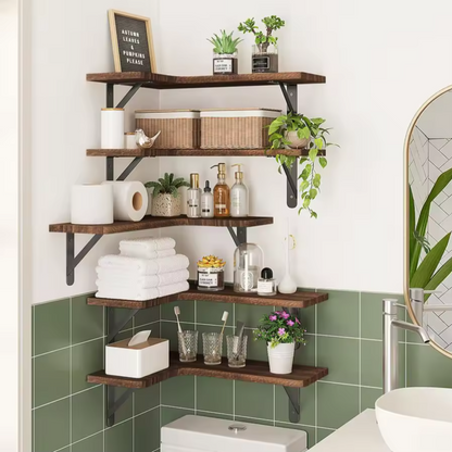 Corner Floating Shelf Set | 5-Tier Walnut Wall Display Shelves