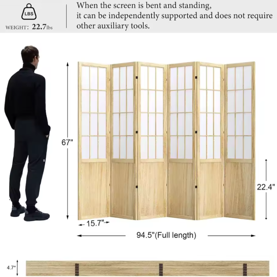 Japanese Style Folding Room Divider | Natural Wood Privacy Screen