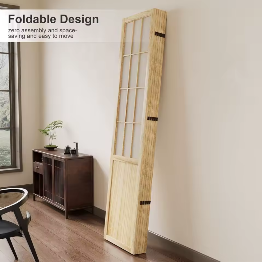 Japanese Style Folding Room Divider | Natural Wood Privacy Screen