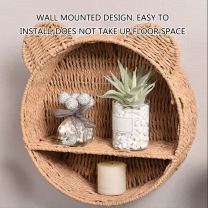 Bear Rattan Wall Shelf | Woven 2-Tier Nursery Display Shelf