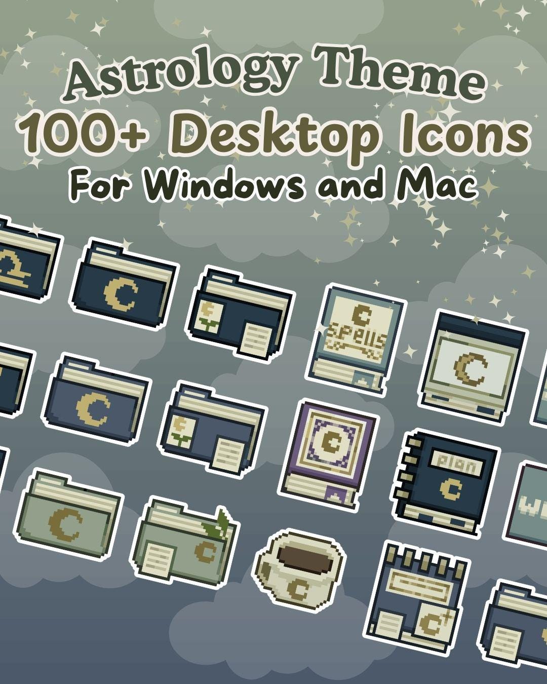 100+ Enchanting Astrology Office-Themed Desktop Icons Moon and Stars [Compatible With Mac and Windows] Hand-drawn