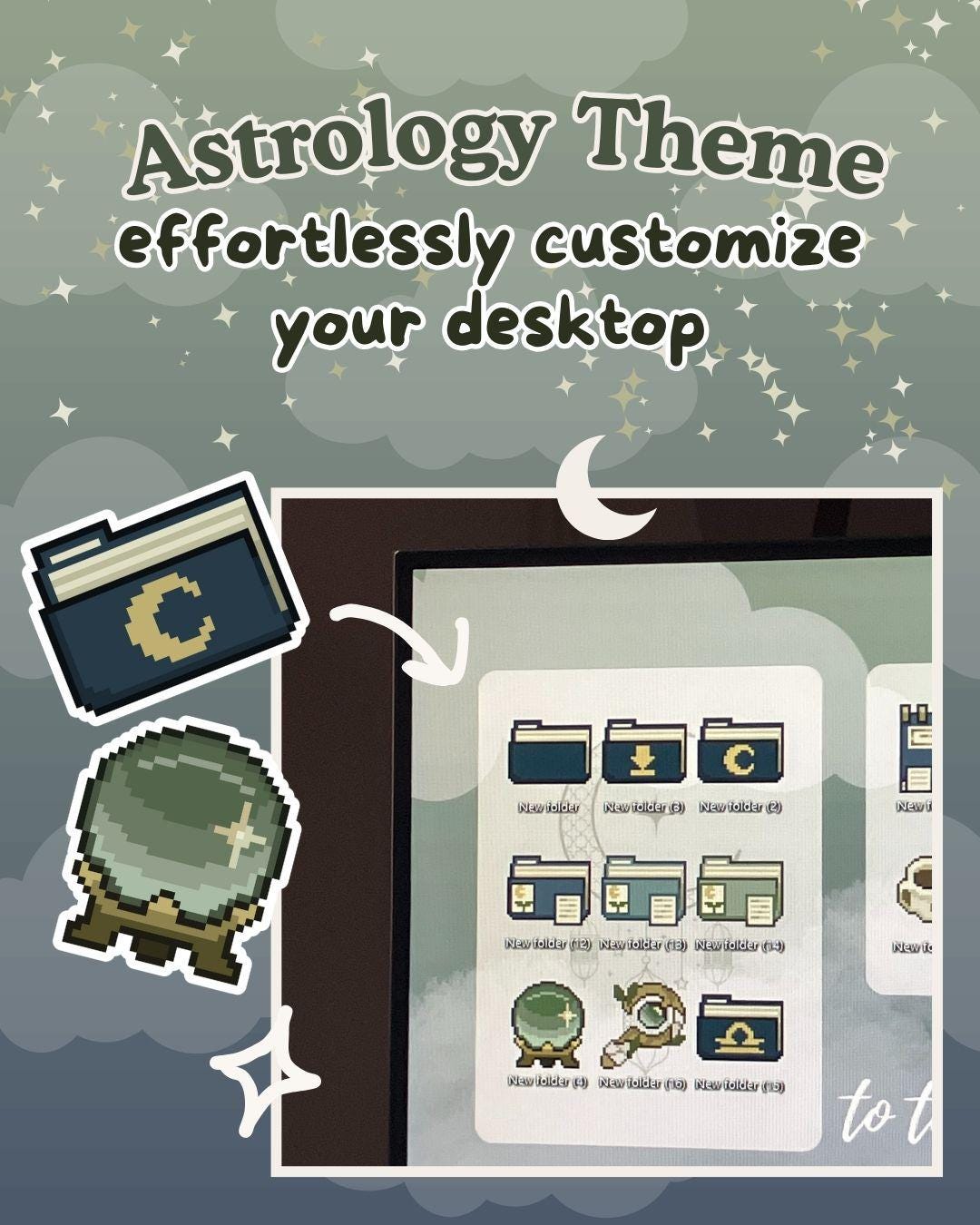 100+ Enchanting Astrology Office-Themed Desktop Icons Moon and Stars [Compatible With Mac and Windows] Hand-drawn