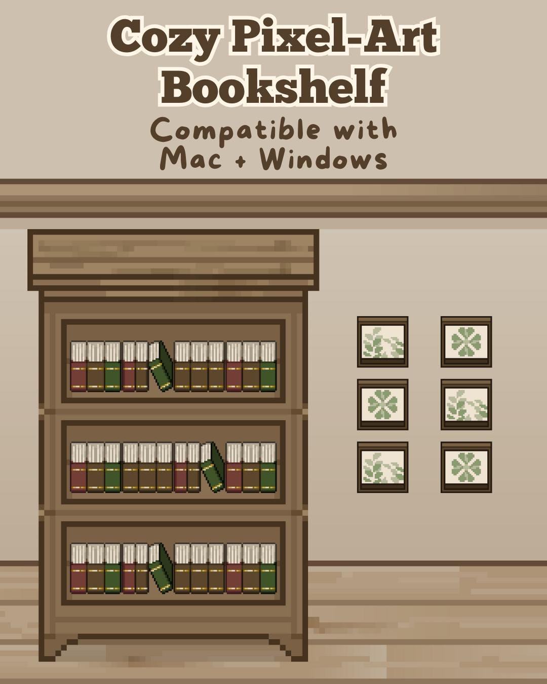 Cozy Bookshelf Desktop Wallpaper: Pixel Art Icons (Digital Download)