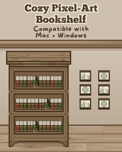 Cozy Bookshelf Desktop Wallpaper: Pixel Art Icons (Digital Download)