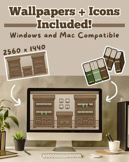 Cozy Bookshelf Desktop Wallpaper: Pixel Art Icons (Digital Download)