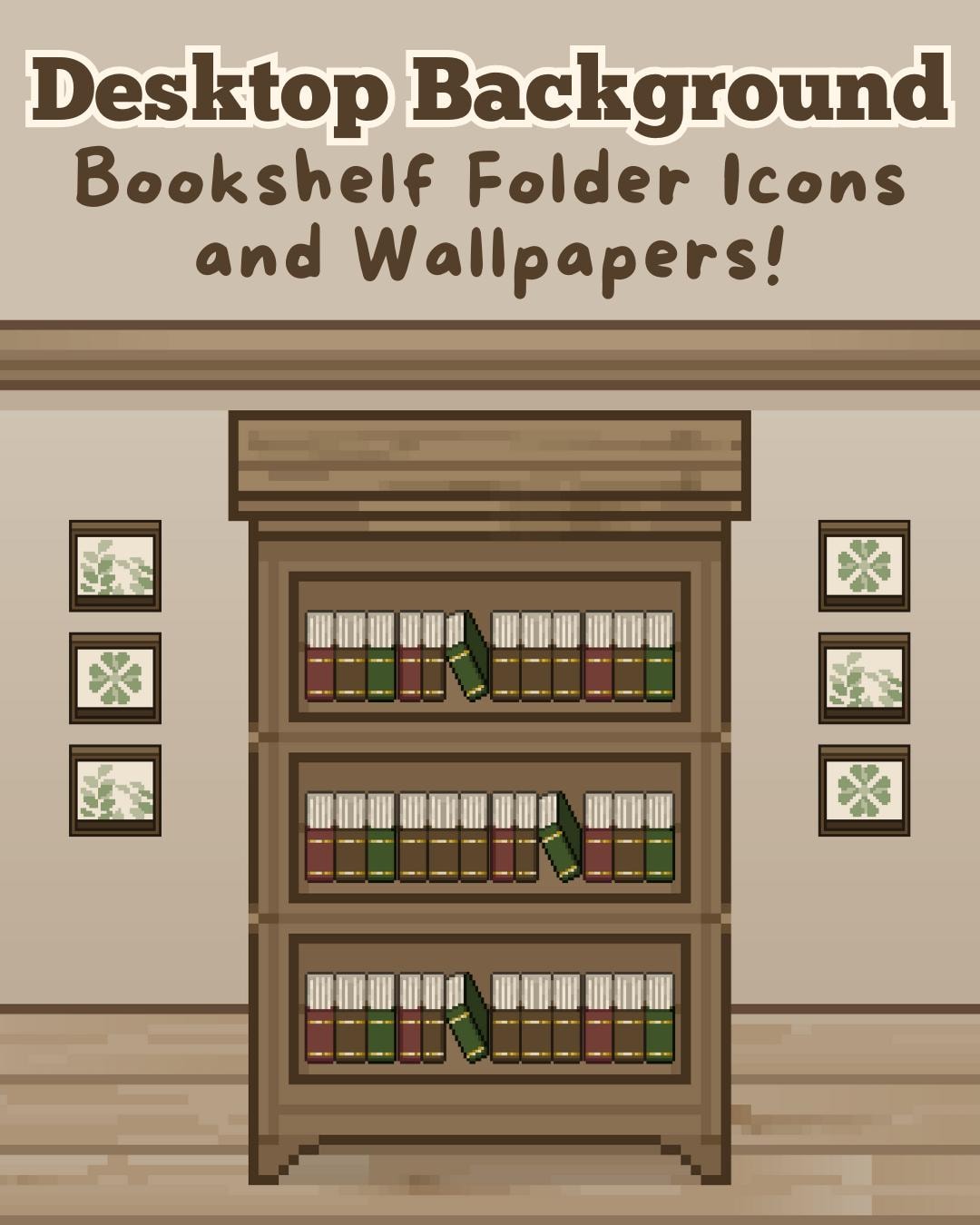 Cozy Bookshelf Desktop Wallpaper: Pixel Art Icons (Digital Download)