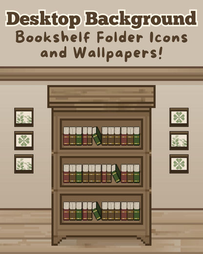 Cozy Bookshelf Desktop Wallpaper: Pixel Art Icons (Digital Download)