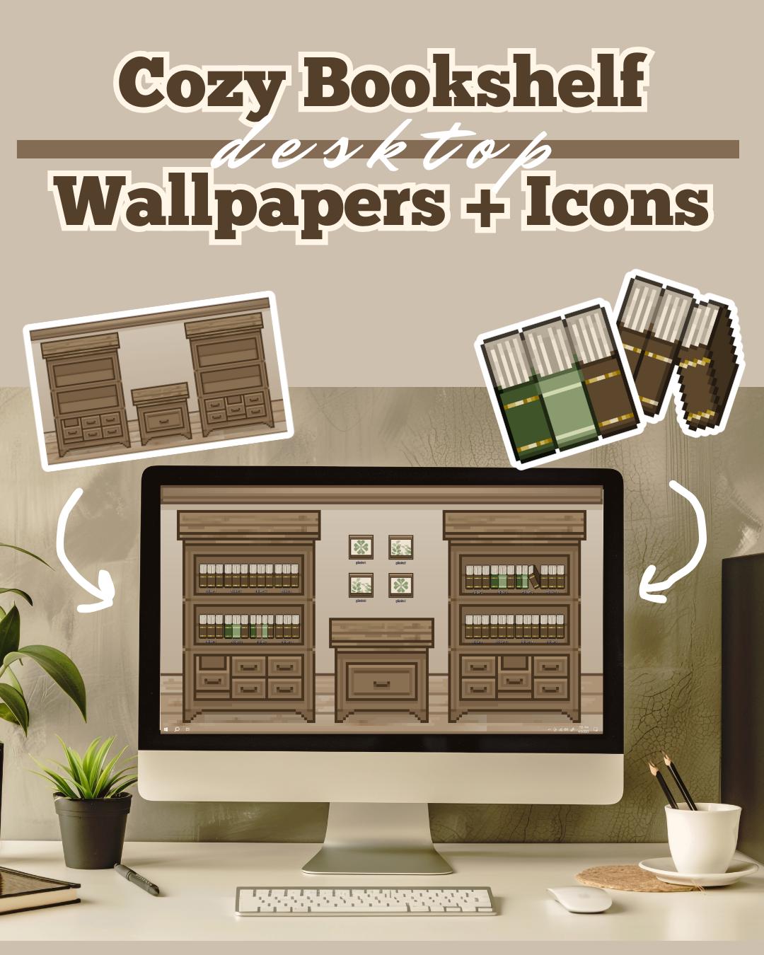 Cozy Bookshelf Desktop Wallpaper: Pixel Art Icons (Digital Download)