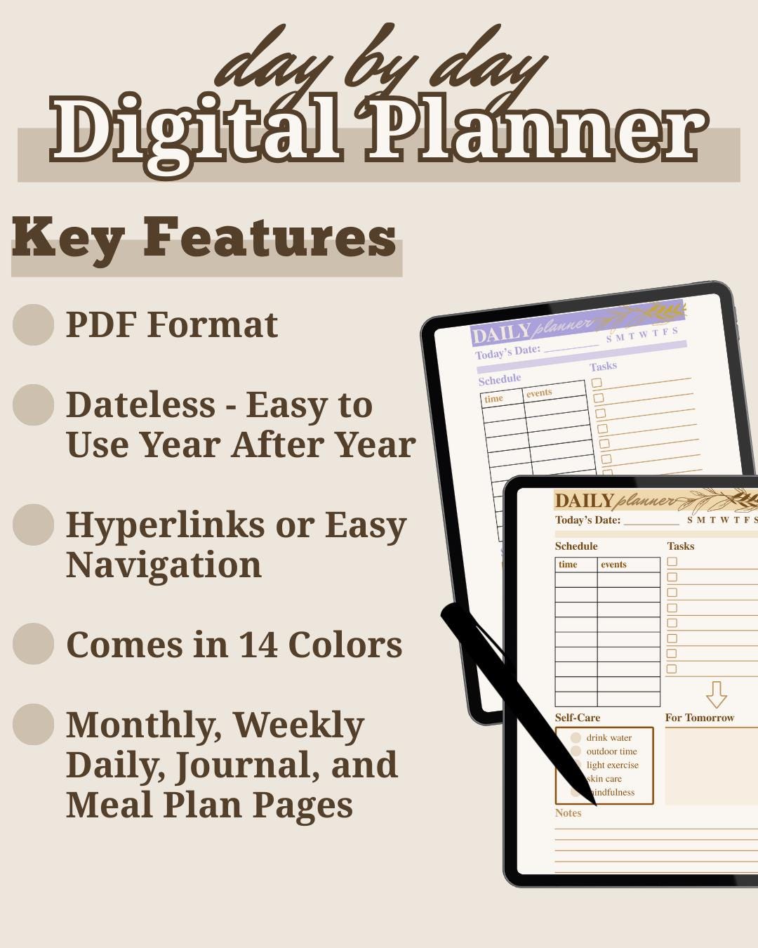 Dateless Digital Planner: Monthly, Weekly, Daily PDF (14 Colors) [Listing 2]