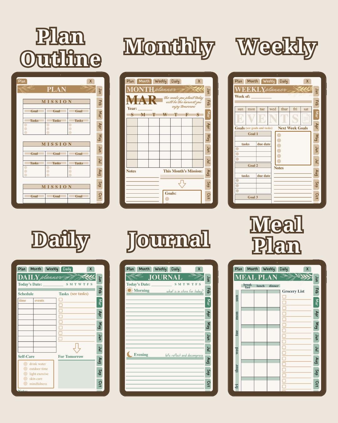 Dateless Digital Planner: Monthly, Weekly, Daily PDF (14 Colors) [Listing 2]